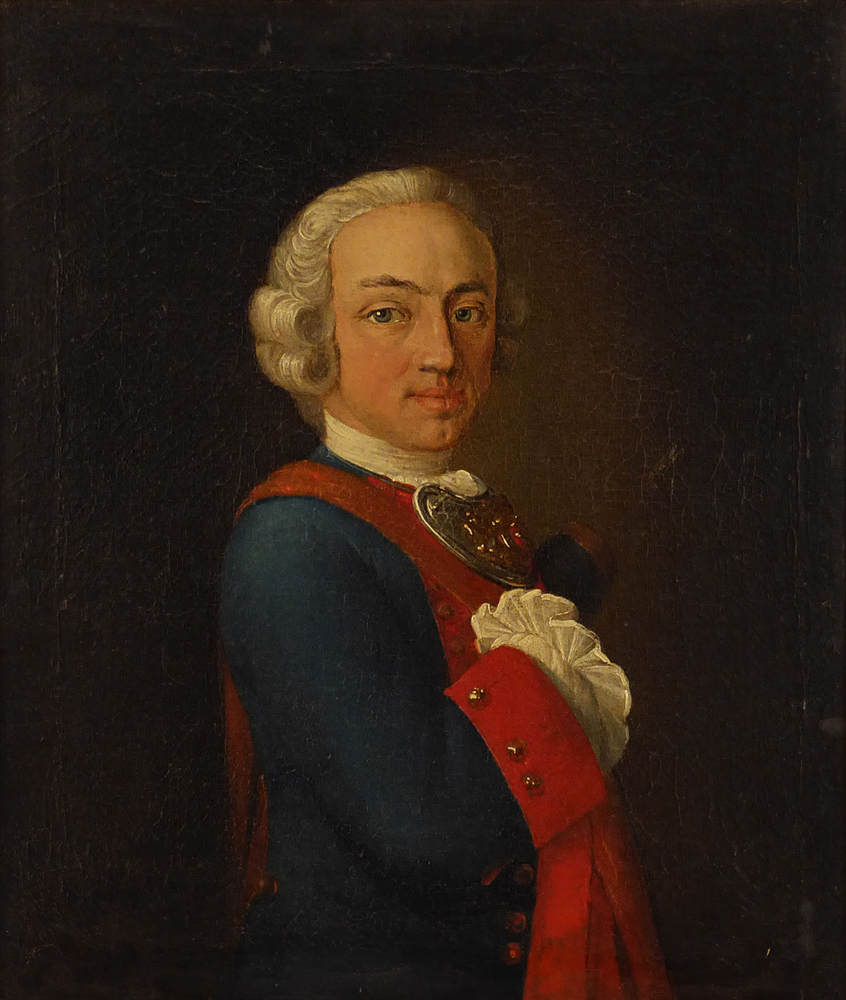 olieverfschilderij op doek van een man met wit krullend haar, pruik, blauw rood uniform, witte boord en borstplaat, kijkend naar rechts, voorstellende Theodorus Nicolaas van Linge, geschilderd door onbekende kunstenaar ongeveer 1740 - 1760.